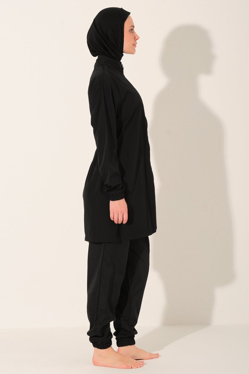 Modest Swimsuit Basic Plus Size Zip - Up Long Sleeved with Pants 24215 - 26 Black - ihvan