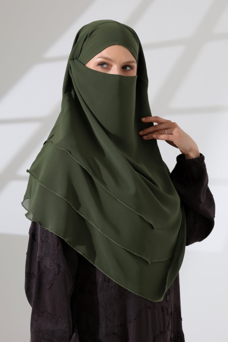 Muslim Prayer Hijab 3 Layers, Chiffon Khimar with Niqab Face Veil, Breathable Layered Ruffle Instant Long Scarf for Women, Oval Cut - ihvan