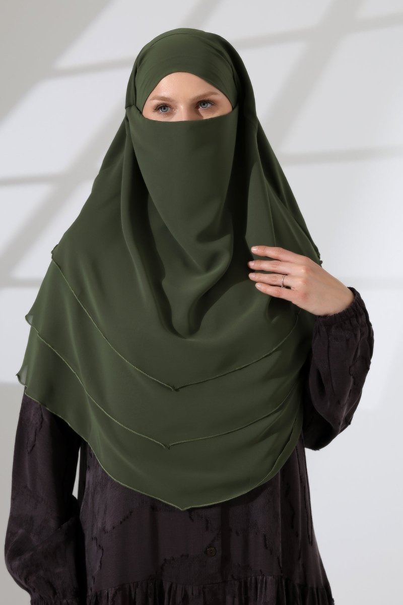 Muslim Prayer Hijab 3 Layers, Chiffon Khimar with Niqab Face Veil, Breathable Layered Ruffle Instant Long Scarf for Women, Oval Cut - ihvan