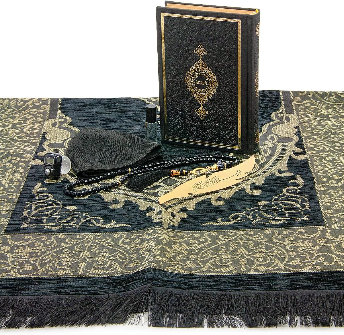 Muslim Prayer Rug Set, Arabic Quran, Prayer Beads, Mens Kufi Hat, Tasbeeh Counter, Islamic Scent, Dowry Gift Box for Men & Women, Janamaz, Salah Mat Gifts Set Wedding, Ramadan - ihvan
