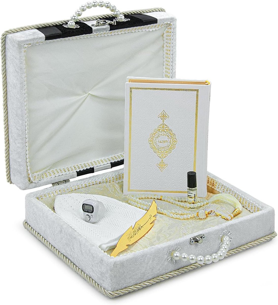 Muslim Prayer Rug Set, Arabic Quran, Prayer Beads, Mens Kufi Hat, Tasbeeh Counter, Islamic Scent, Dowry Gift Box for Men & Women, Janamaz, Salah Mat Gifts Set Wedding, Ramadan - ihvan