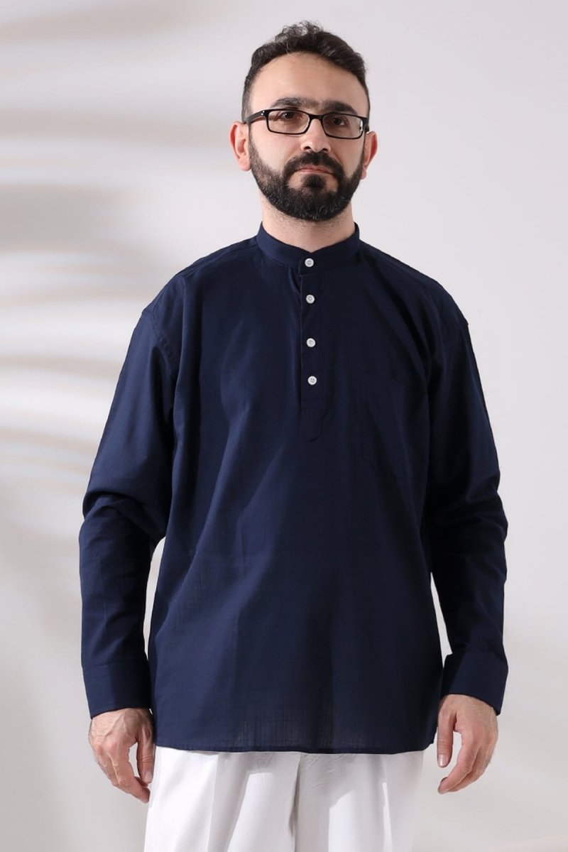 Navy Blue Men's Relaxed Fit 3-Button Mandarin Collar Hajj and Umrah Linen Shirt - ihvan