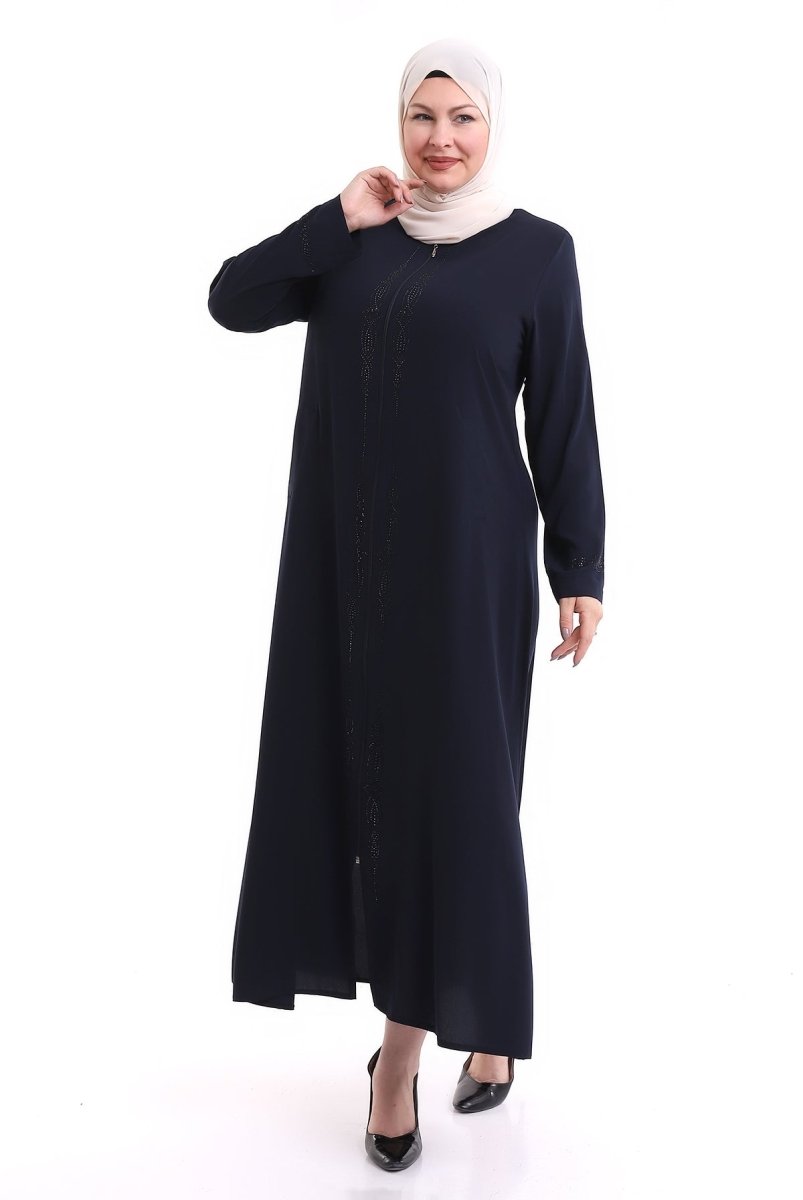 Navy Blue Ottoman Rhinestone Detailed Abaya 0165-21 - ihvan