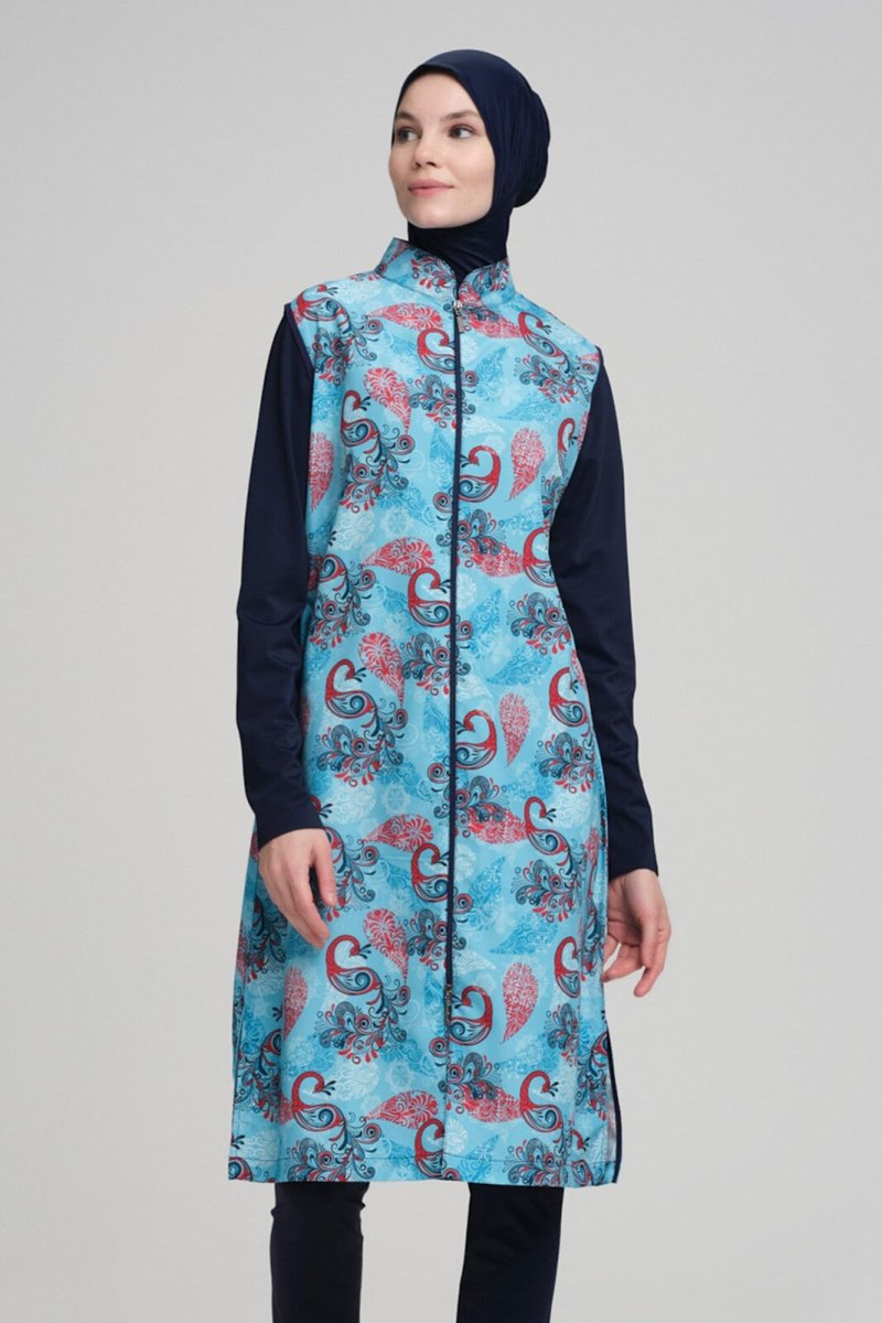 Nehar Shawl Patterned Sleeveless Navy Blue Full Coverage Hijab Swimsuit 2210 - ihvan