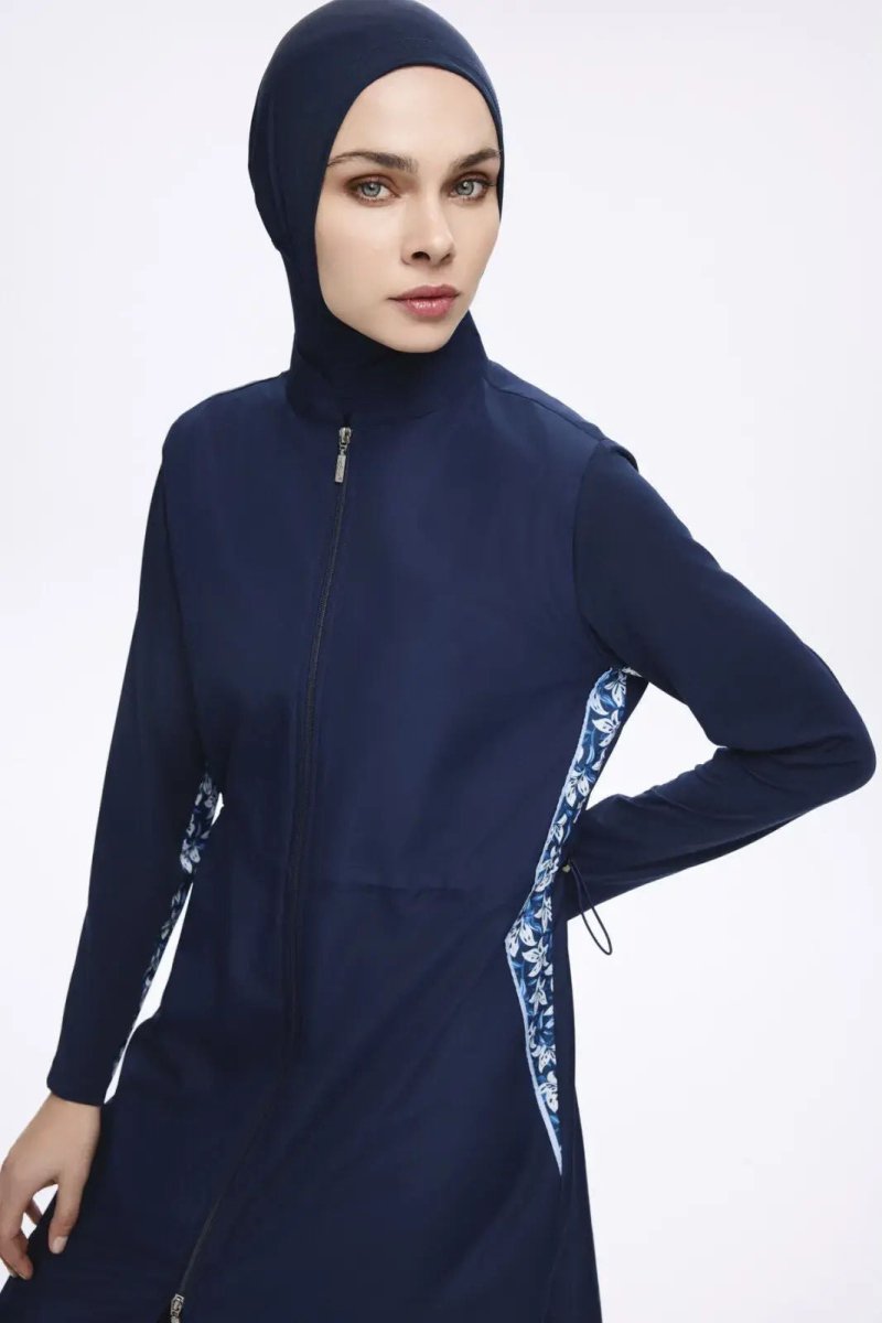 Nehar Underarm Patterned Navy Blue 3 - Piece Woven Full Coverage Hijab Swimsuit Set 2279 - ihvan