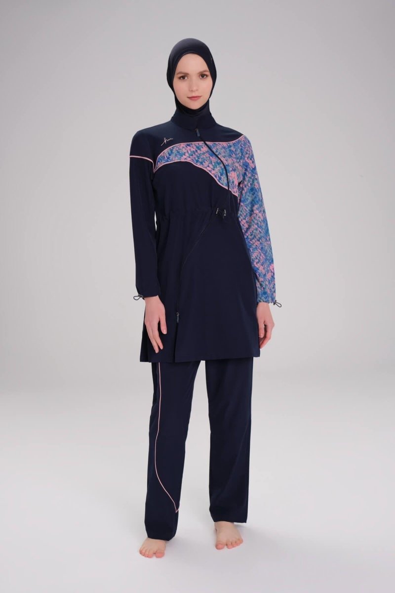 Patterned Sleeve, Flexible Woven, 6 - Piece Full Coverage Hijab Swimsuit Set 3095 - 25 Navy Blue - ihvan