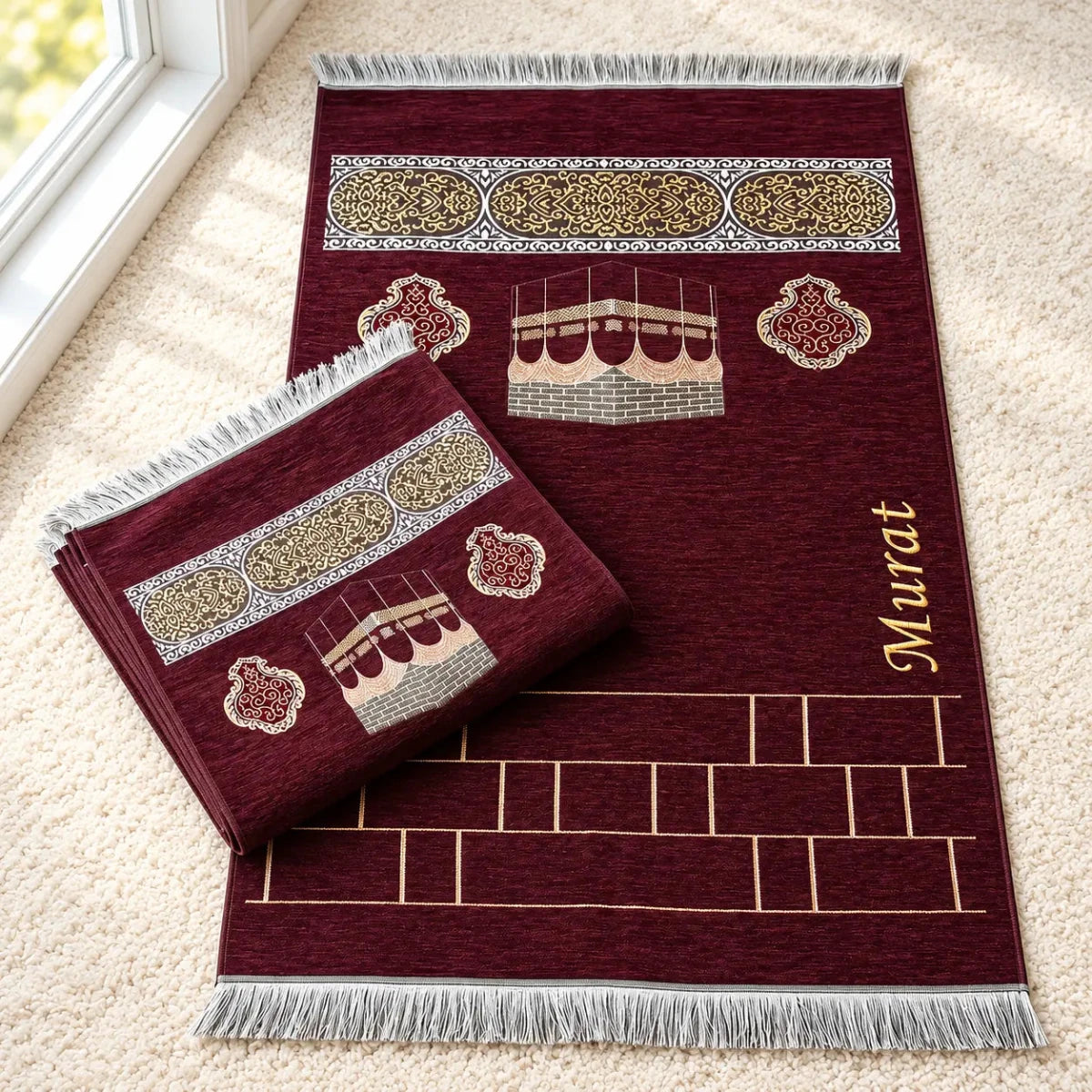 Personalised Kaaba Chenille Prayer Mat with Name Embroidery - ihvan