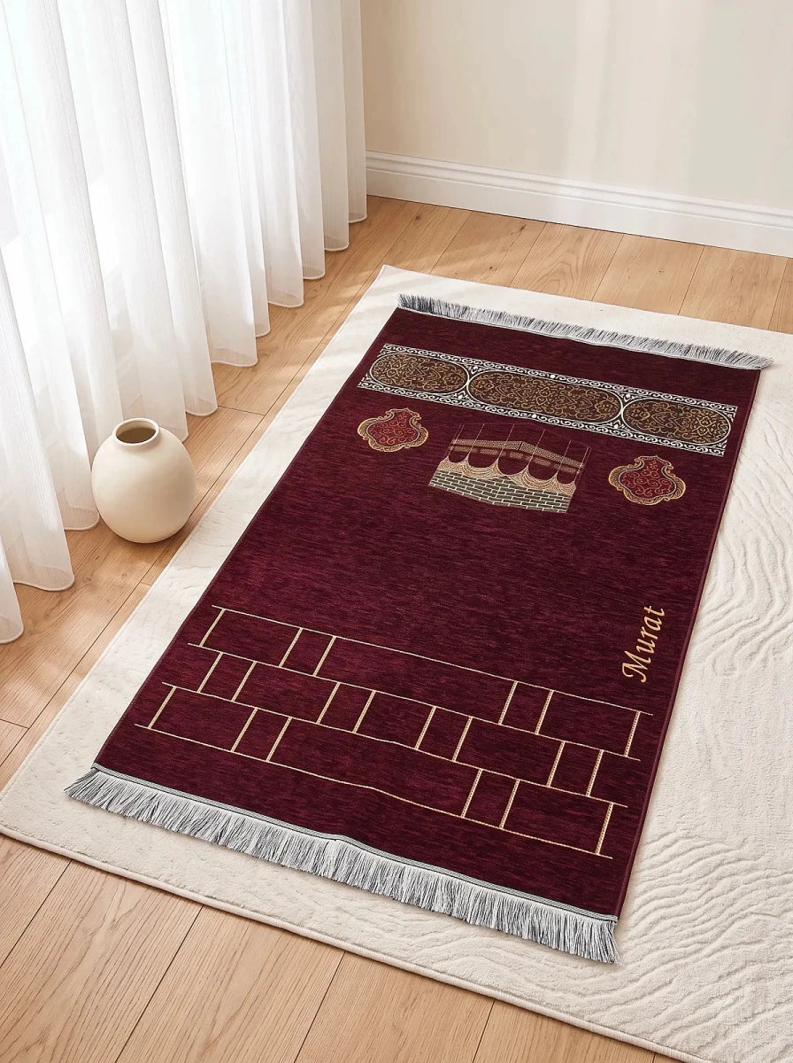 Personalised Kaaba Chenille Prayer Mat with Name Embroidery - ihvan