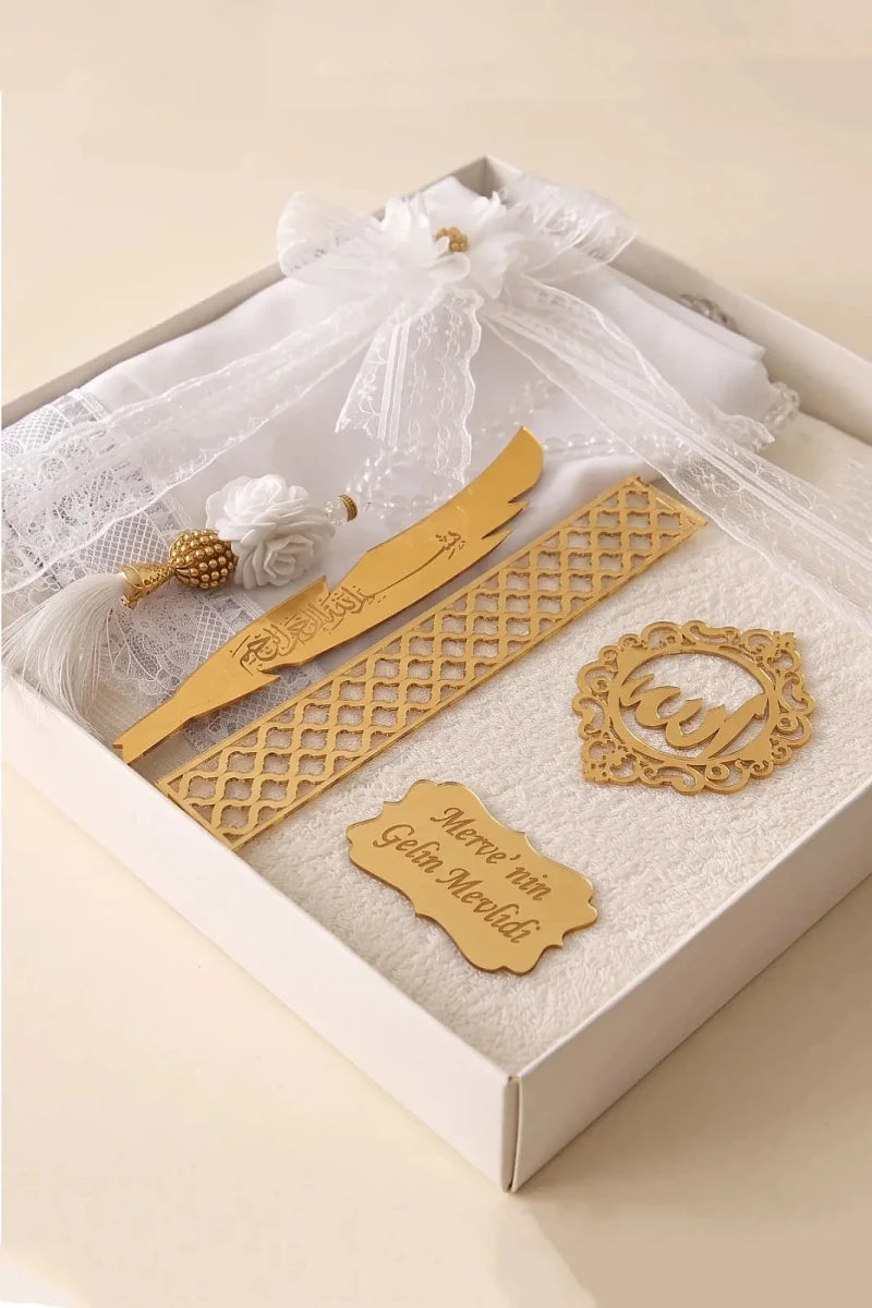 Personalized 5-Piece Islamic Wedding Gift Set with Yaseen Book, Prayer Mat & Prayer Scarf - ihvan