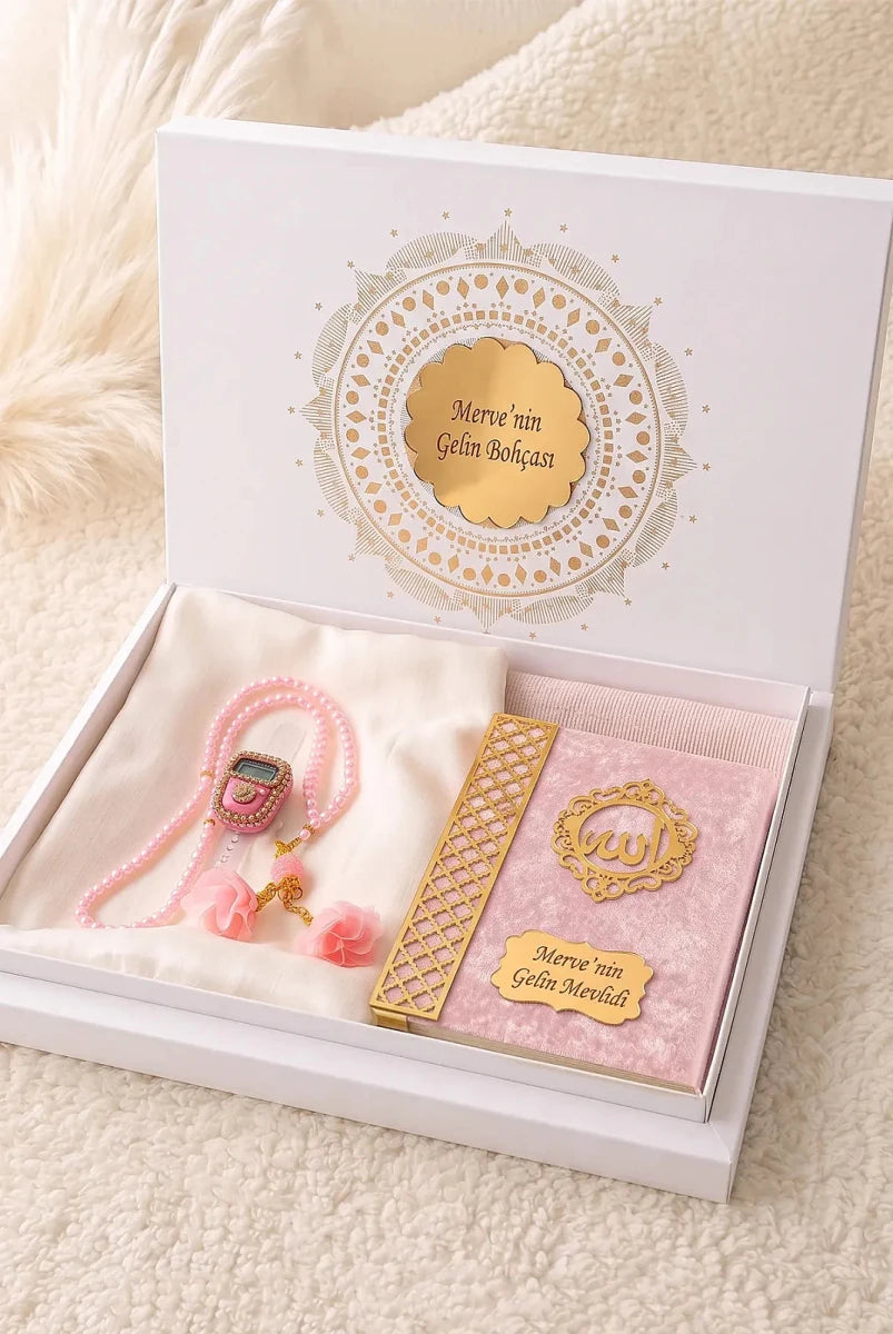 Personalized 5-Piece Islamic Wedding Gift Set with Yaseen Book, Prayer Mat & Prayer Scarf - ihvan
