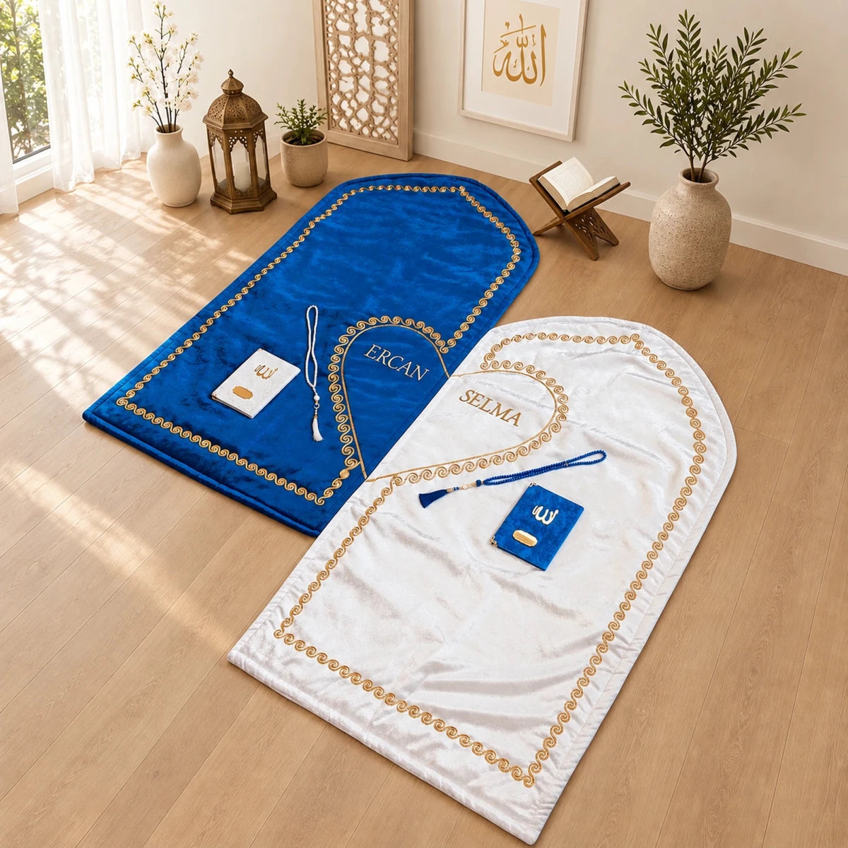 Personalized Couple Prayer Rug Gift Set with Names & Heart Design – Blue & Cream - ihvan