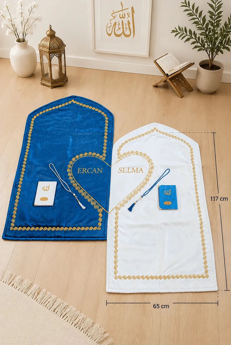 Personalized Couple Prayer Rug Gift Set with Names & Heart Design – Blue & Cream - ihvan