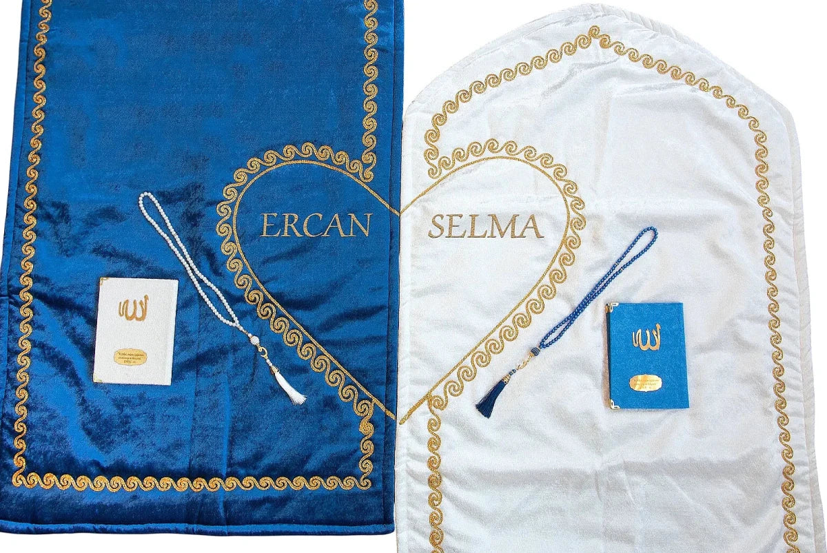 Personalized Couple Prayer Rug Gift Set with Names & Heart Design – Blue & Cream - ihvan