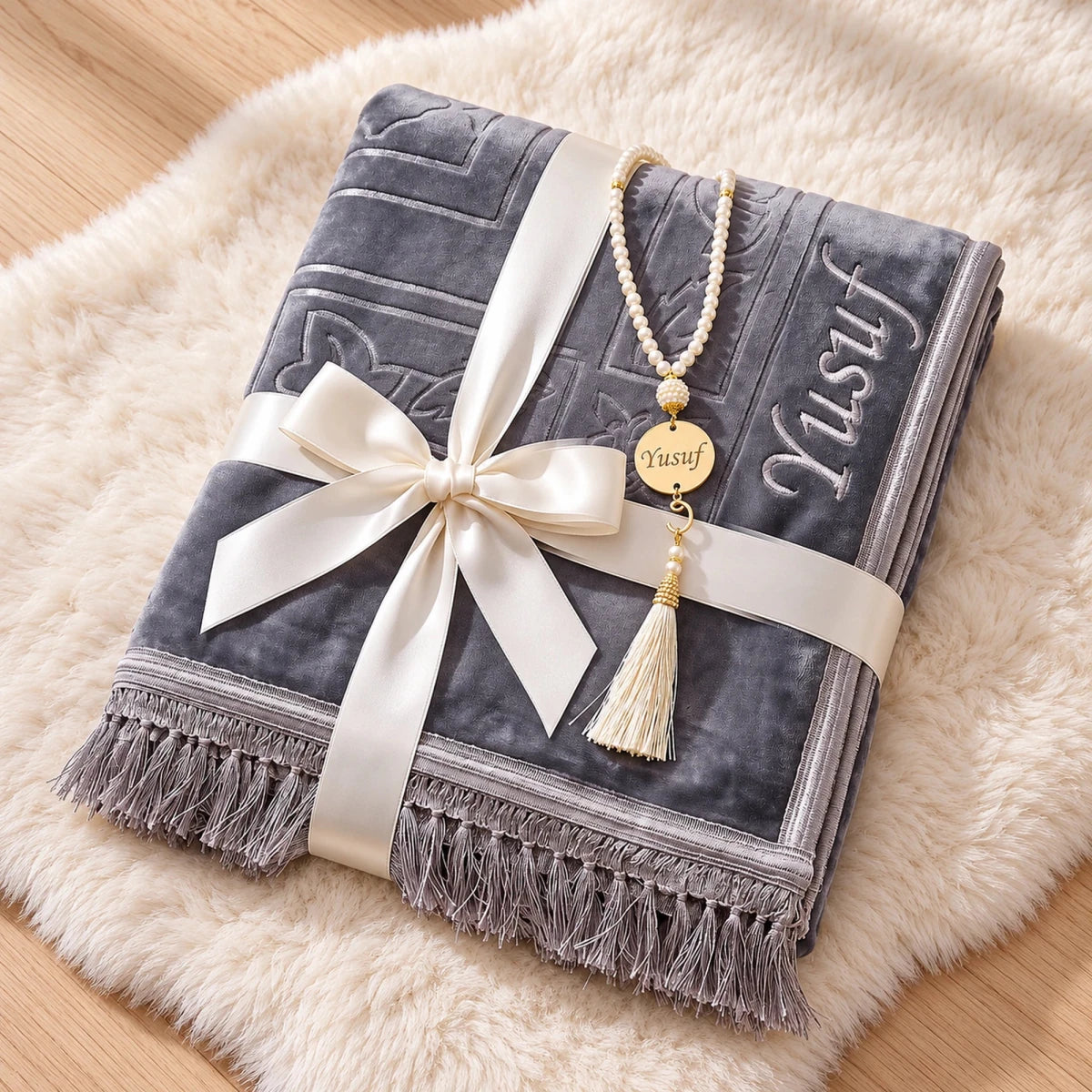 Personalized Embroidered Plush Prayer Rug with Mihrab Design - ihvan