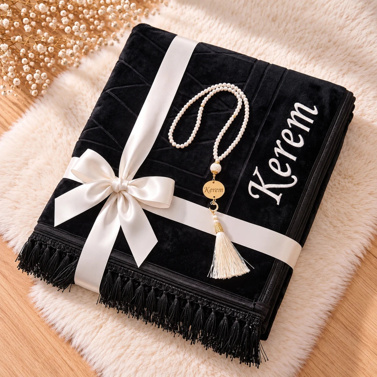 Personalized Embroidered Plush Prayer Rug with Mihrab Design - ihvan