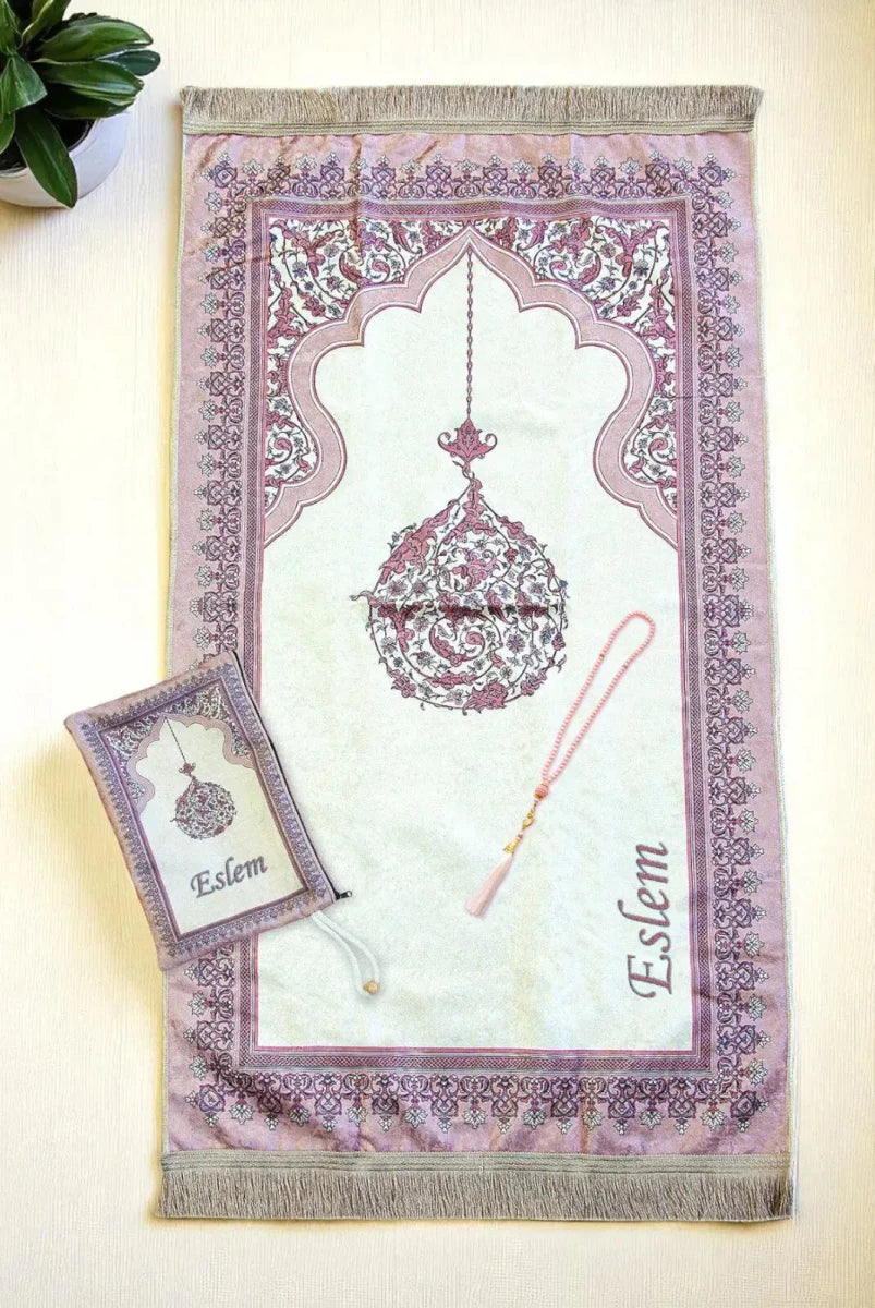 Personalized Embroidered Velvet Prayer Mat Set – Luxury Mihrab Design Prayer Rug with Matching Pouch & Pearl Tasbih - ihvan