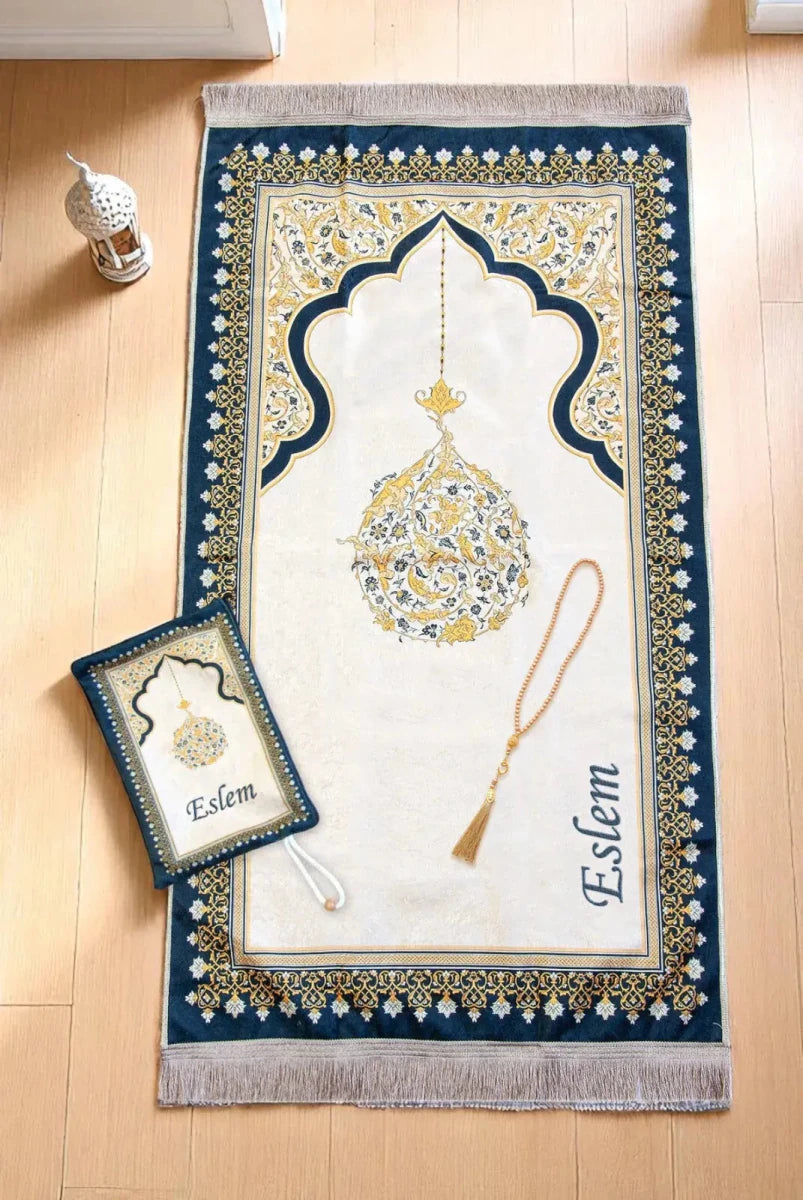 Personalized Embroidered Velvet Prayer Mat Set – Luxury Mihrab Design Prayer Rug with Matching Pouch & Pearl Tasbih - ihvan
