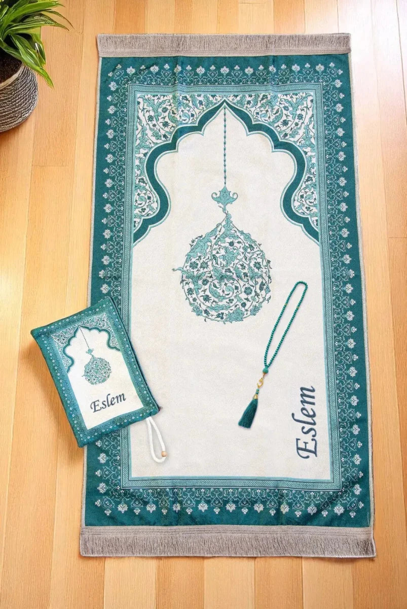 Personalized Embroidered Velvet Prayer Mat Set – Luxury Mihrab Design Prayer Rug with Matching Pouch & Pearl Tasbih - ihvan