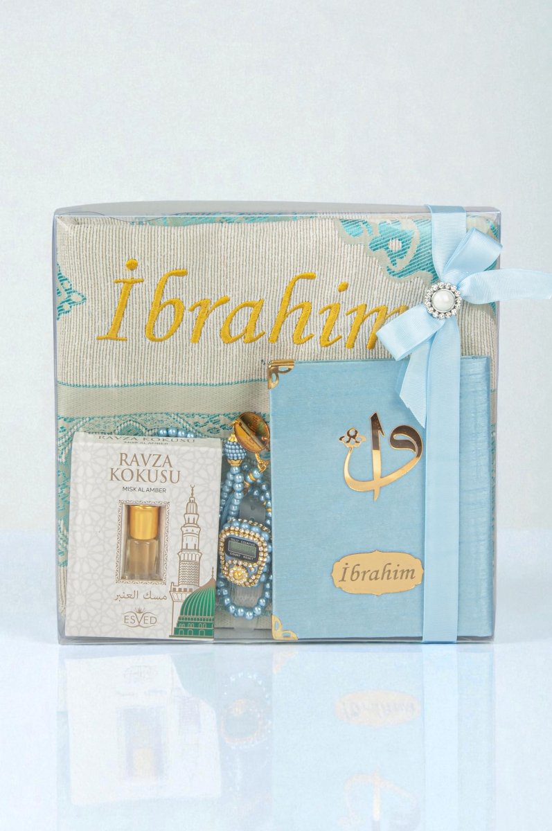 Personalized Islamic Gift Set – Prayer Rug, Yasin Book, Tasbeeh, Digital Zikr Counter & Perfume - ihvan