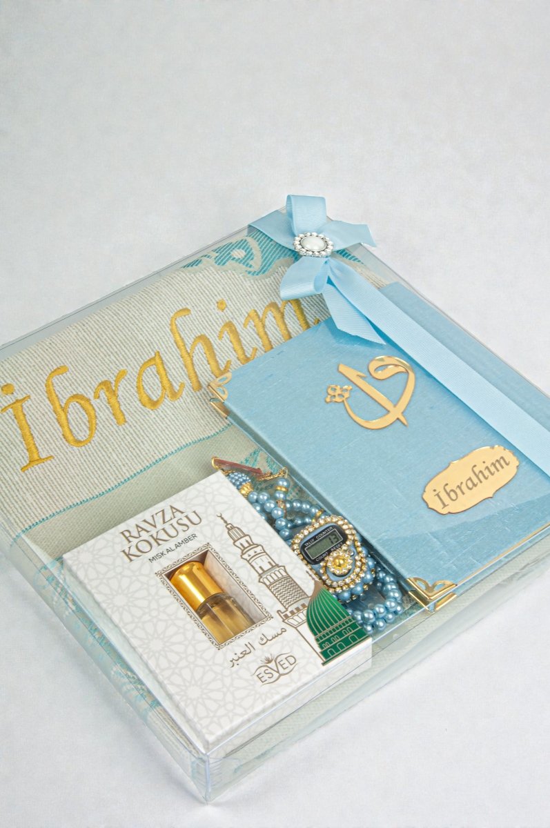 Personalized Islamic Gift Set – Prayer Rug, Yasin Book, Tasbeeh, Digital Zikr Counter & Perfume - ihvan