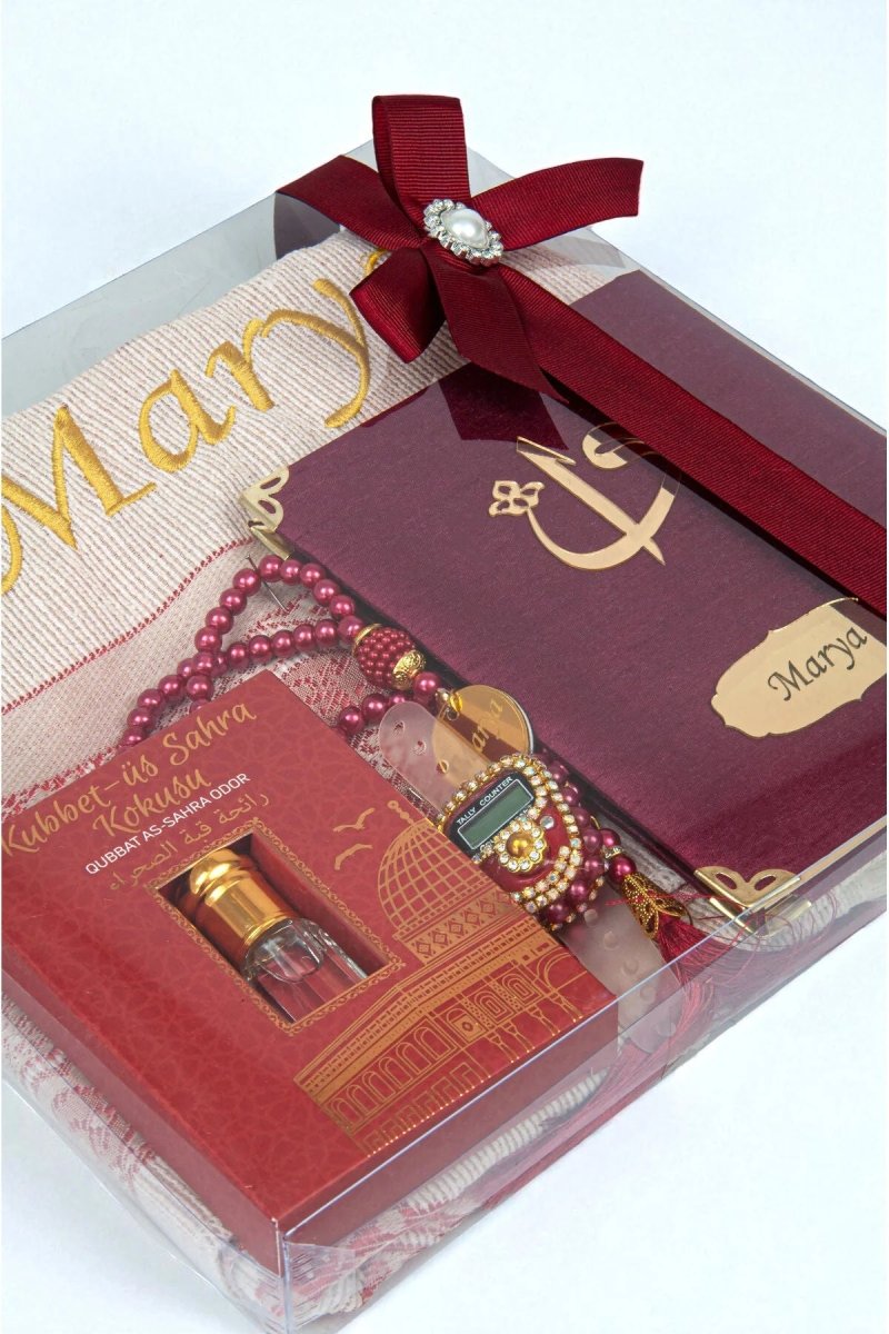 Personalized Islamic Gift Set – Prayer Rug, Yasin Book, Tasbeeh, Digital Zikr Counter & Perfume - ihvan