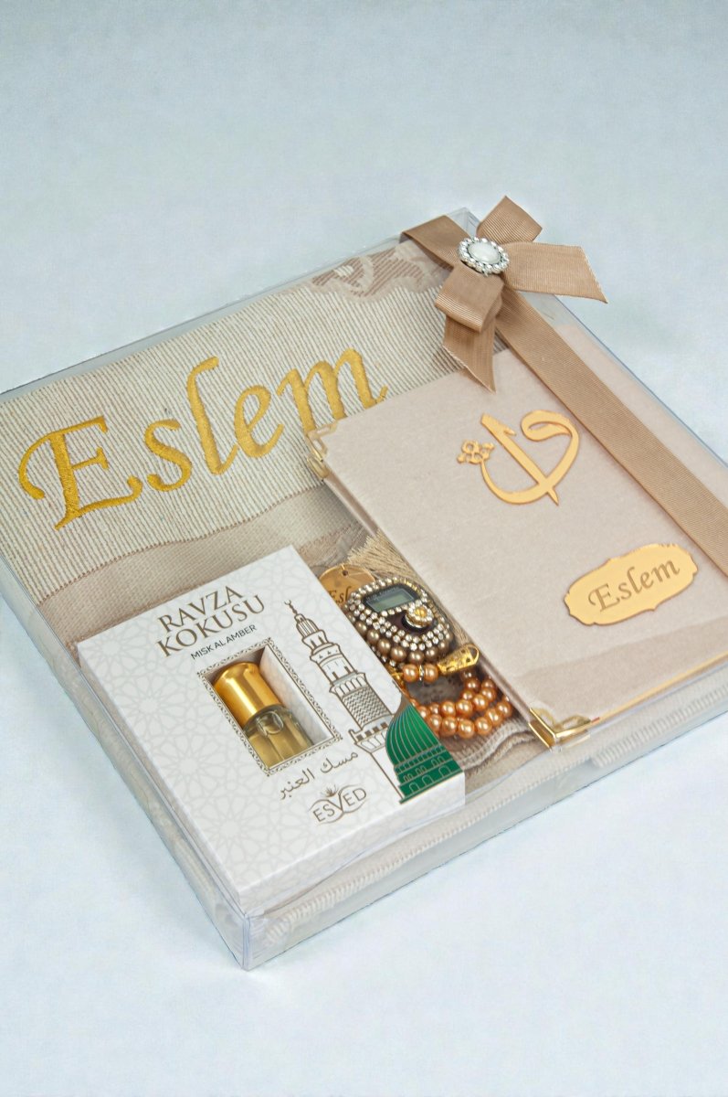 Personalized Islamic Gift Set – Prayer Rug, Yasin Book, Tasbeeh, Digital Zikr Counter & Perfume - ihvan