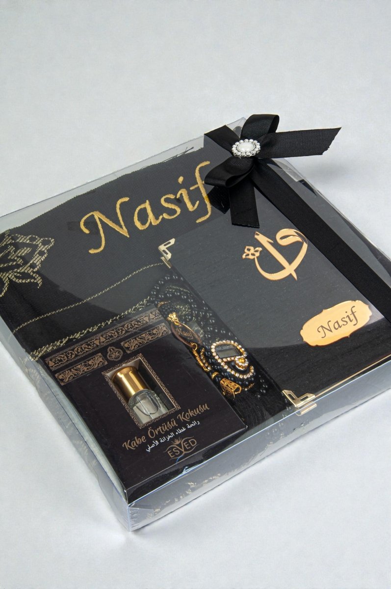 Personalized Islamic Gift Set – Prayer Rug, Yasin Book, Tasbeeh, Digital Zikr Counter & Perfume - ihvan