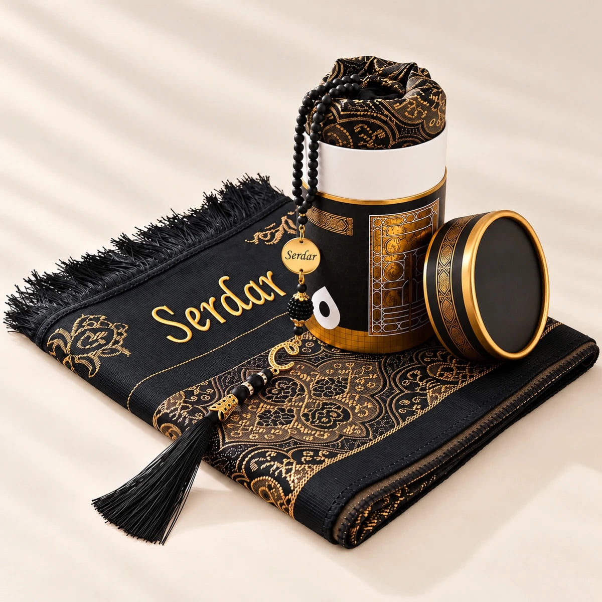 Personalized Kaaba Gift Box Set with Embroidered Prayer Mat & Name Tasbih - ihvan