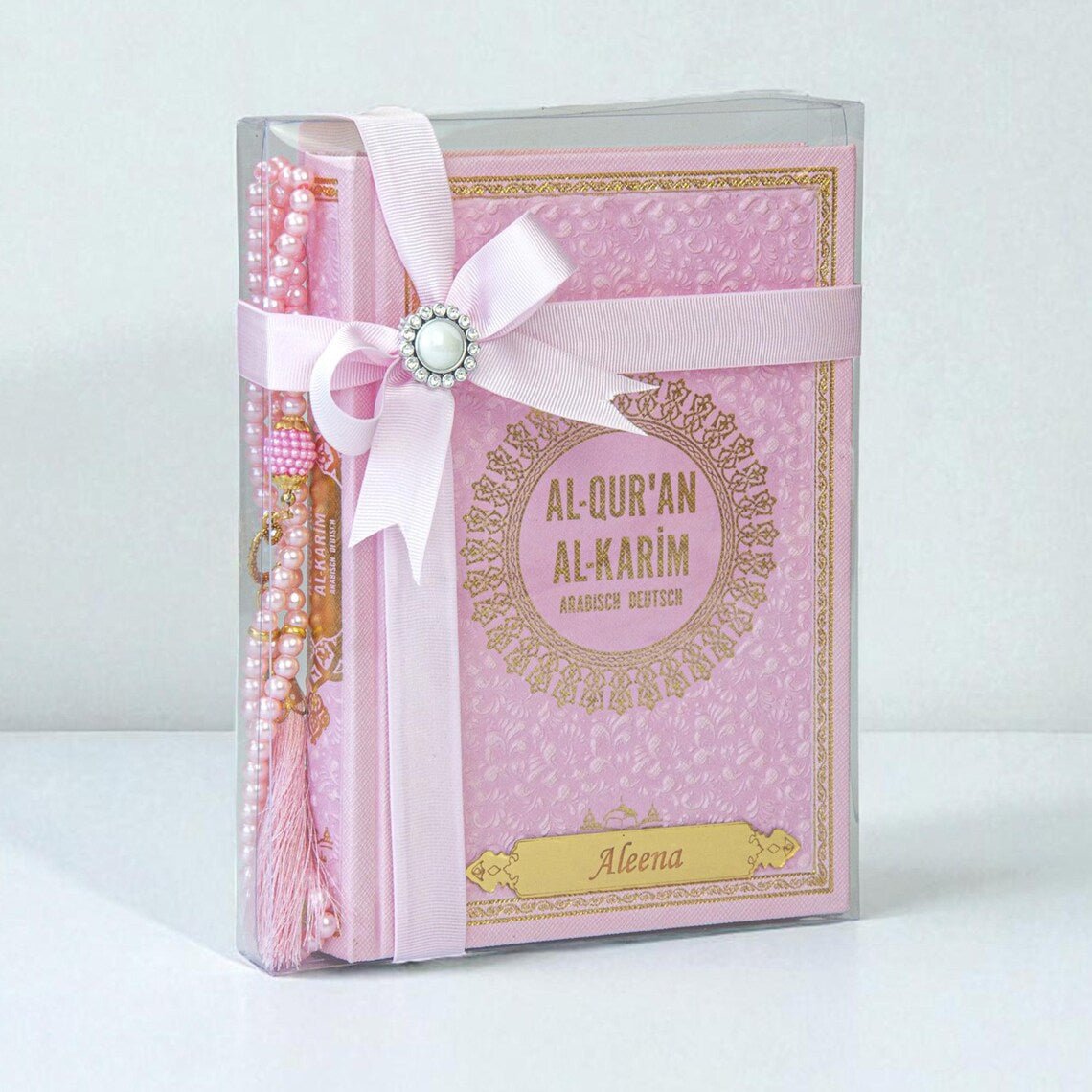 Personalized Pink Arabic German Quran Gift Set with Ribbon and Beads – 14x20cm Islamic Book Perfect for Eid, Wedding, Baby or Shahada - ihvan