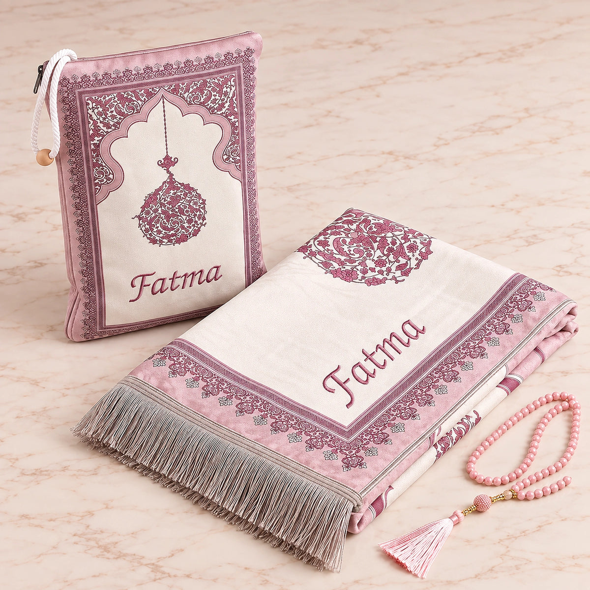 Personalized Embroidered Velvet Prayer Mat Set – Luxury Mihrab Design Prayer Rug with Matching Pouch & Pearl Tasbih