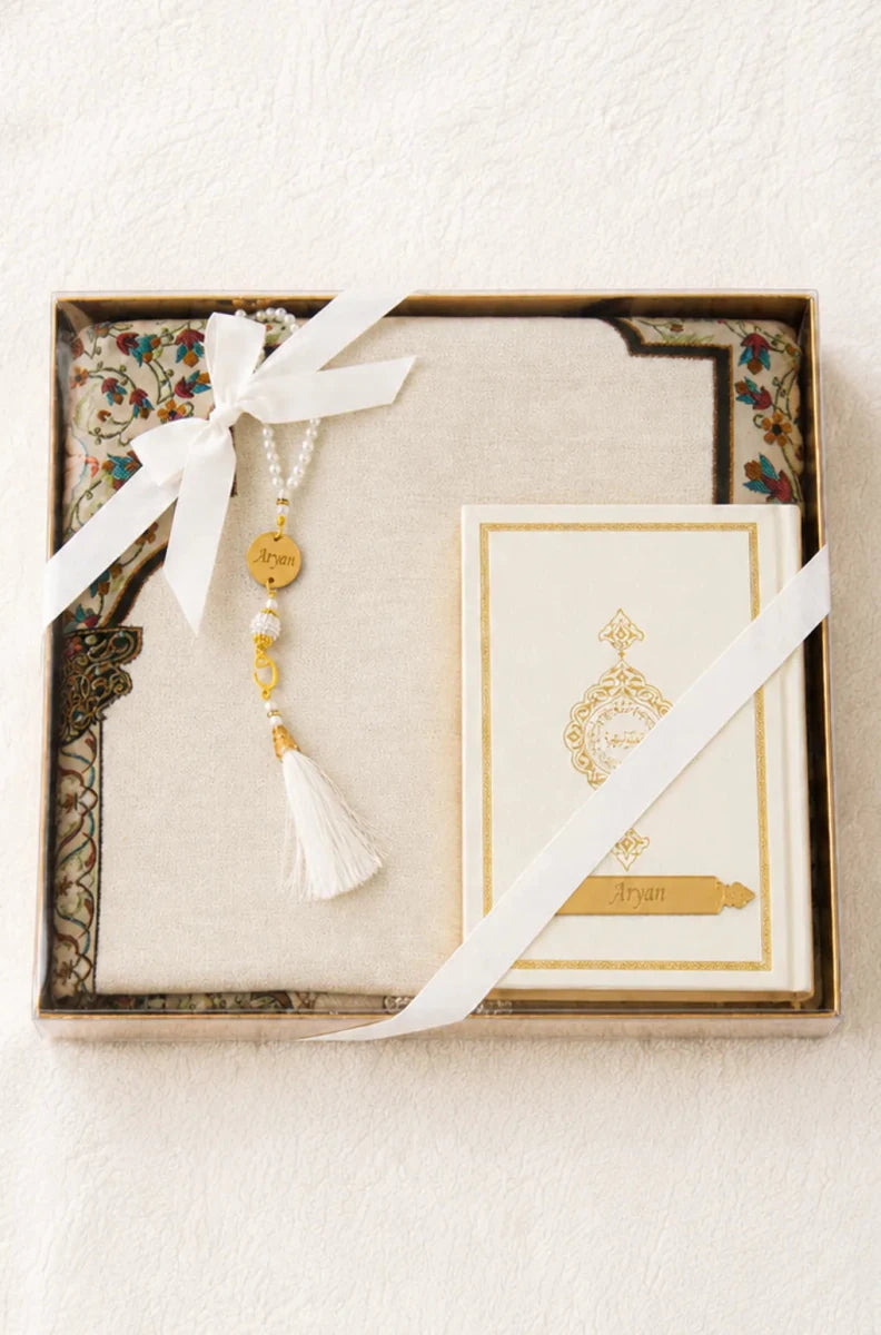 Personalized Quran and Prayer Mat Set for Islamic Gift White - ihvan