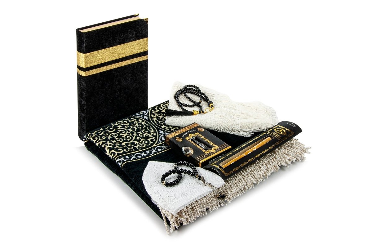 Personalized Ramadan Gift Set – Kaaba Pattern Quran, Prayer Rug, Tasbeeh, Miswak & More - ihvan