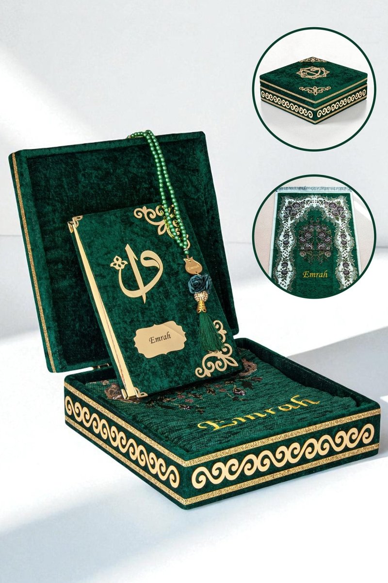Personalized Velvet Quran Gift Chest Set with Name Embroidered Prayer Rug & Tasbeeh - ihvan