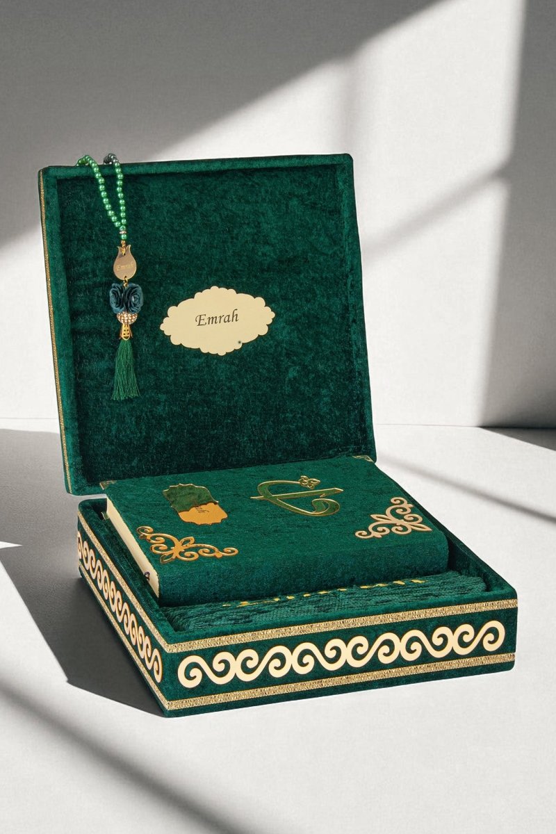 Personalized Velvet Quran Gift Chest Set with Name Embroidered Prayer Rug & Tasbeeh - ihvan