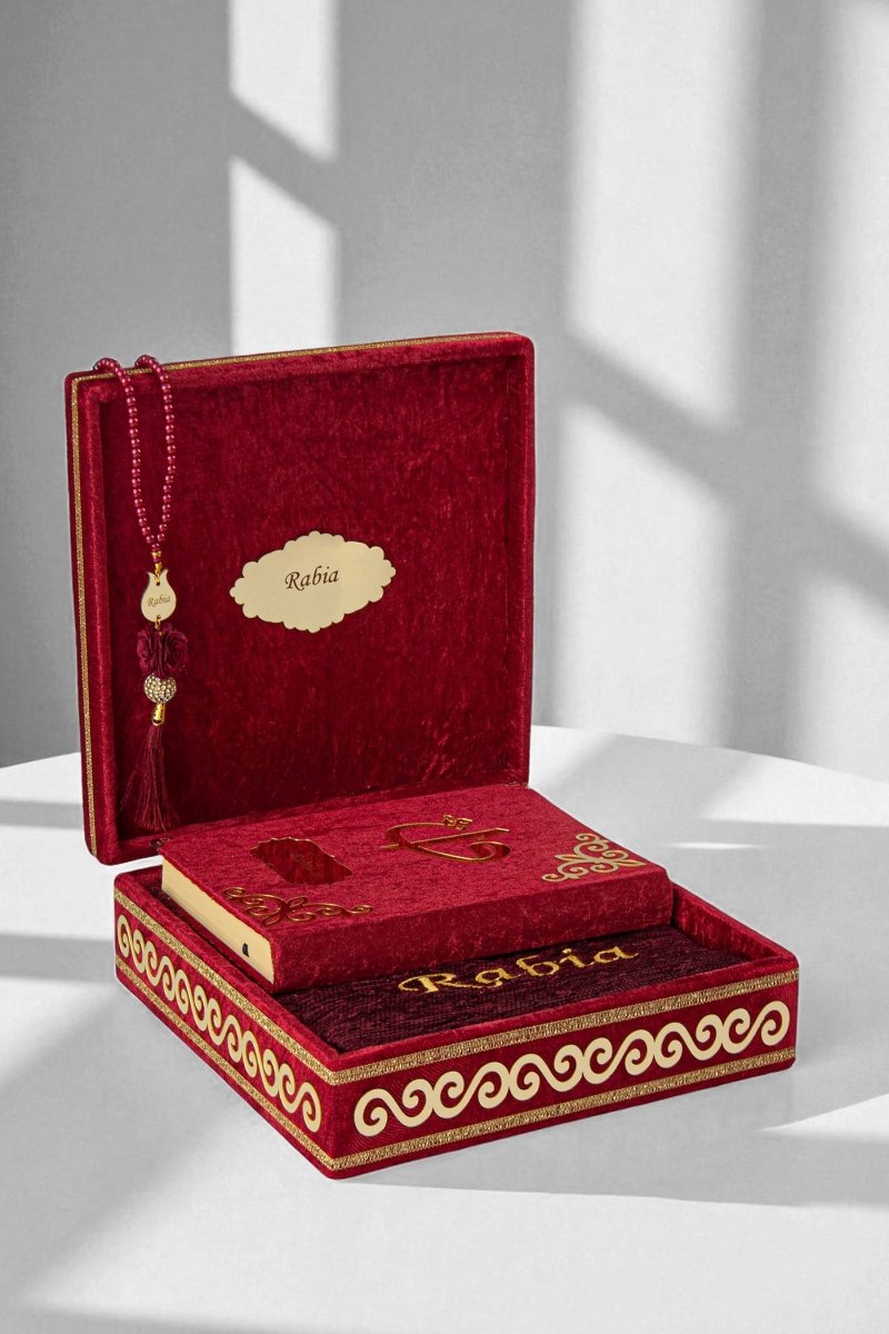 Personalized Velvet Quran Gift Chest Set with Name Embroidered Prayer Rug & Tasbeeh - ihvan
