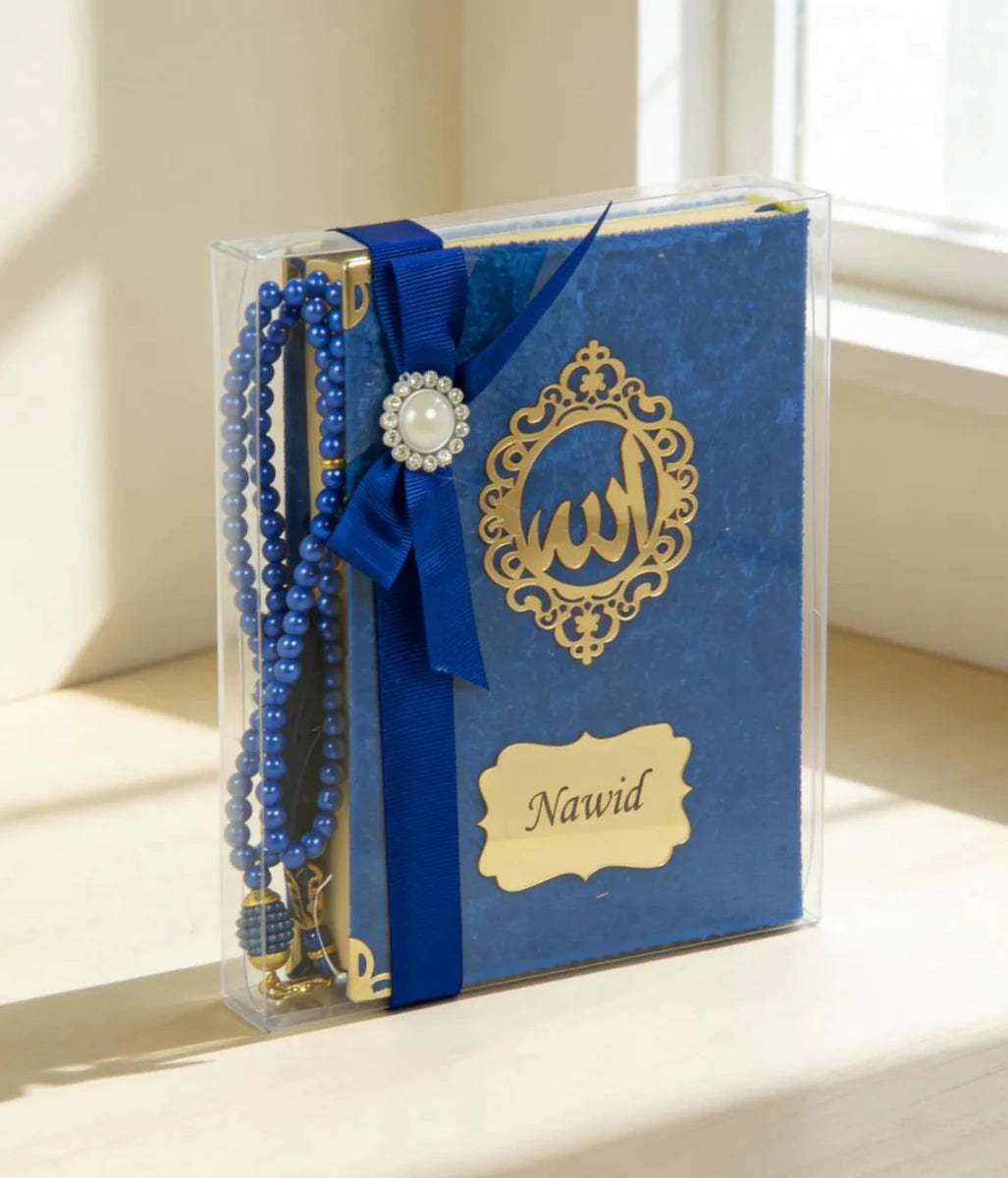 Personalized Velvet Quran Gift Set with Tasbeeh, Pocket Size Madinah Script Quran, Islamic Gift, Eid, Wedding Gift - ihvan
