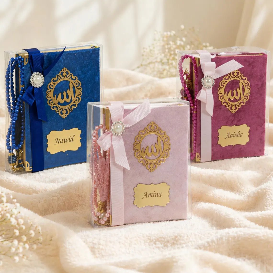 Personalized Velvet Quran Gift Set with Tasbeeh, Pocket Size Madinah Script Quran, Islamic Gift, Eid, Wedding Gift - ihvan