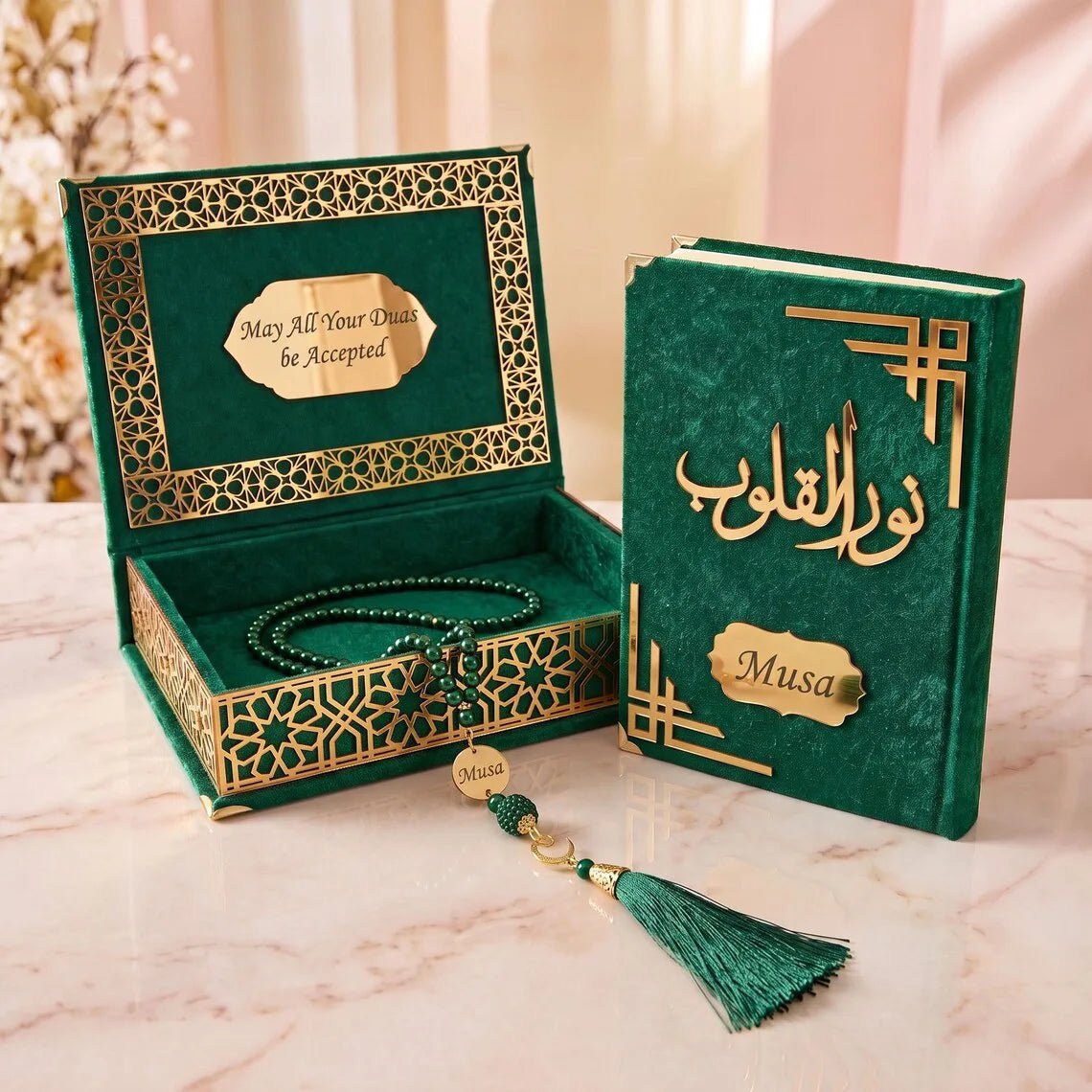 Personalized Velvet Quran Gift Set with Tasbih and Keepsake Box, Islamic Gift Wedding Favors - ihvan