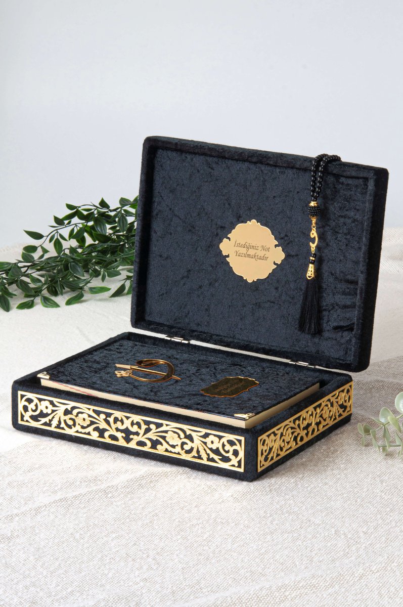 Personalized Velvet Quran Set with Plexiglass Elif - Vav Embellishments – Luxury Gift Box - ihvan