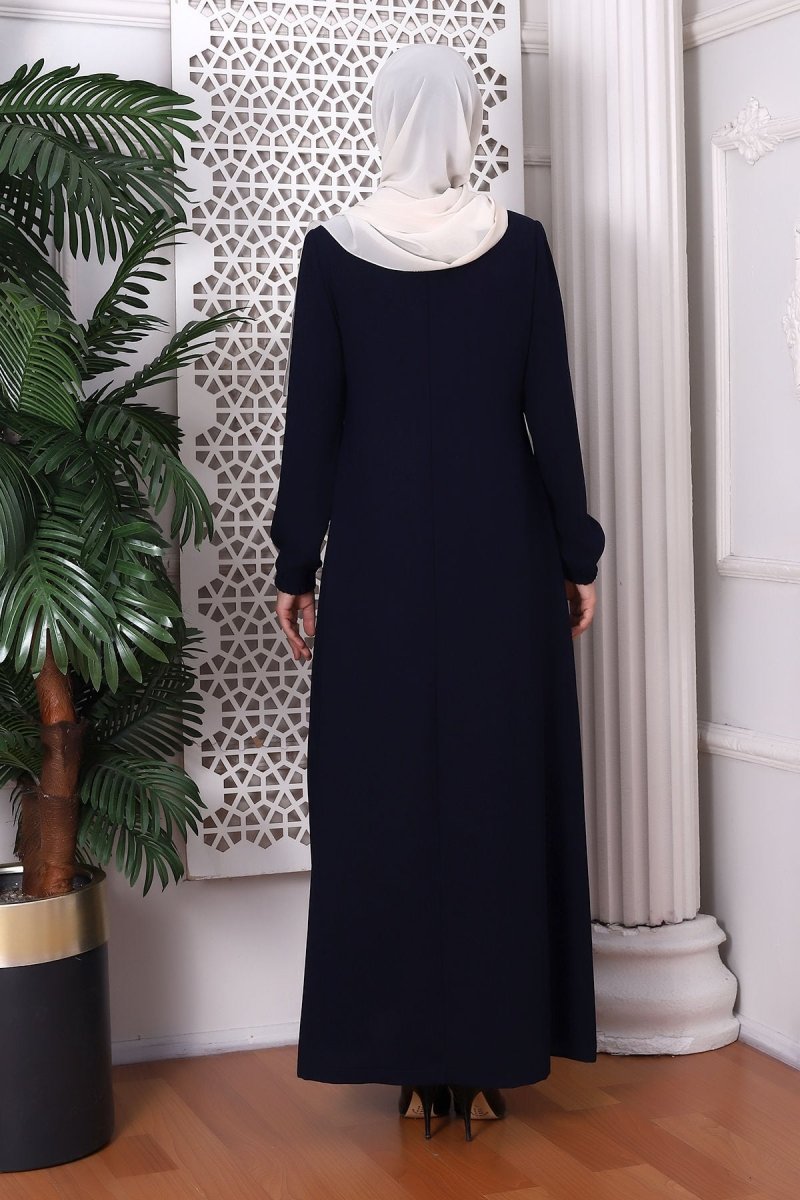 Plain Dark Navy Blue Halter Neck Textured Honeycomb Fabric Abaya 9229-22 - ihvan