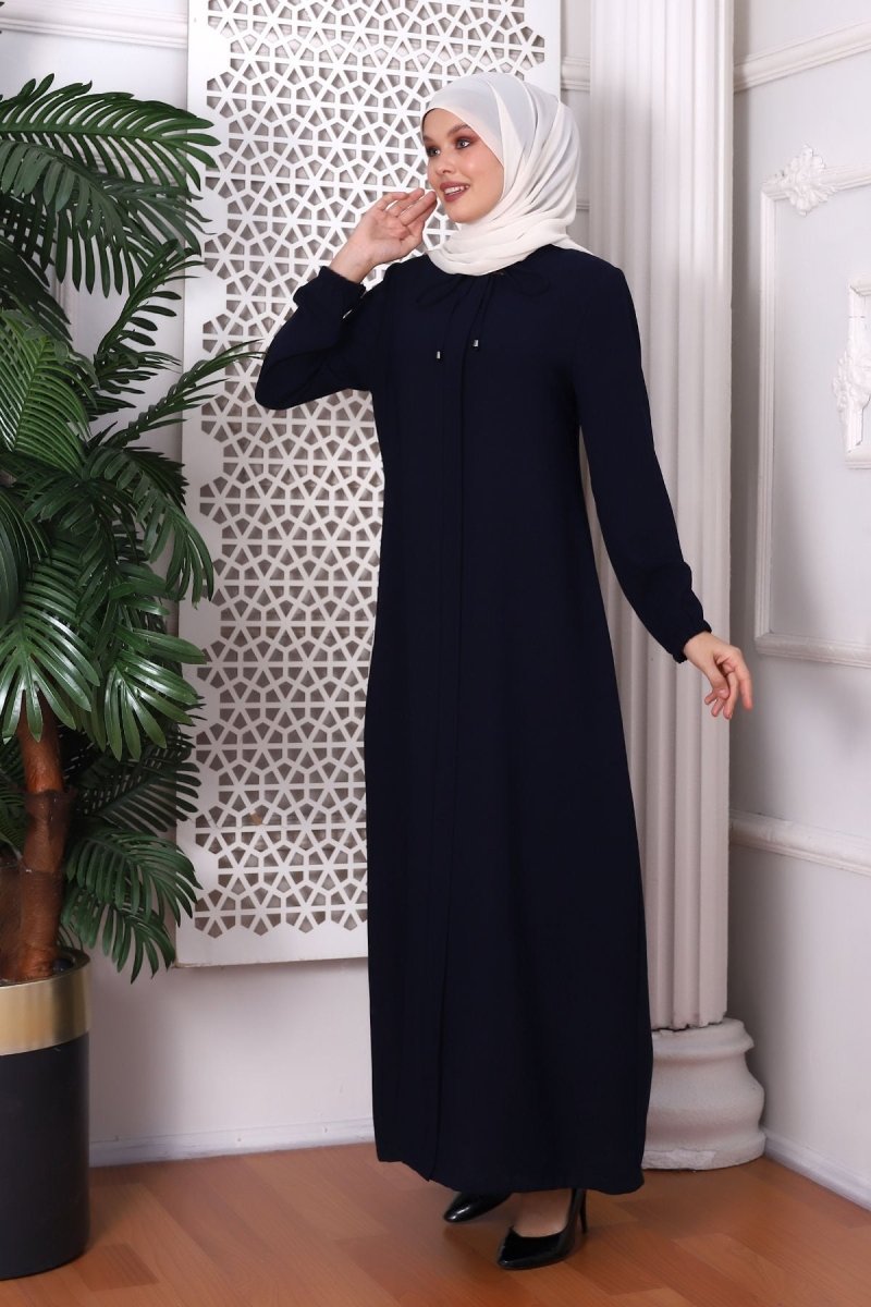 Plain Dark Navy Honeycomb Fabric Abaya with Neck Tie 9229 - 22 - ihvan