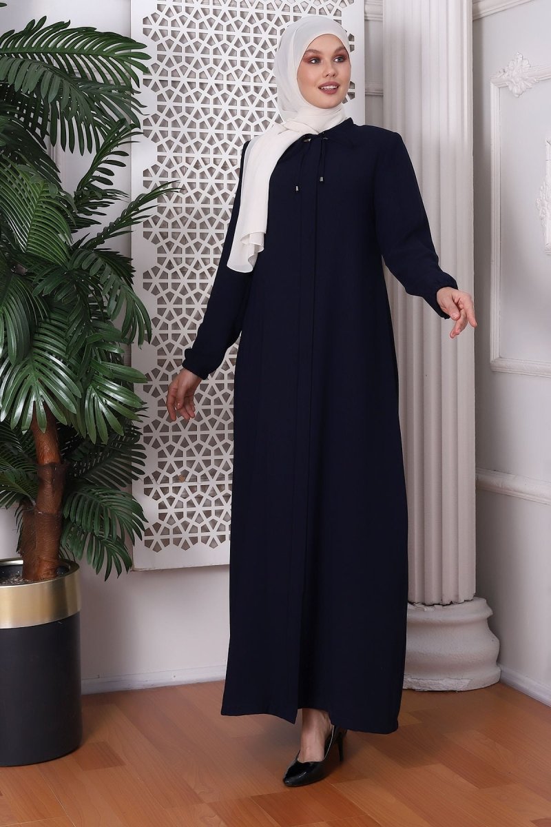 Plain Dark Navy Honeycomb Fabric Abaya with Neck Tie 9229 - 22 - ihvan