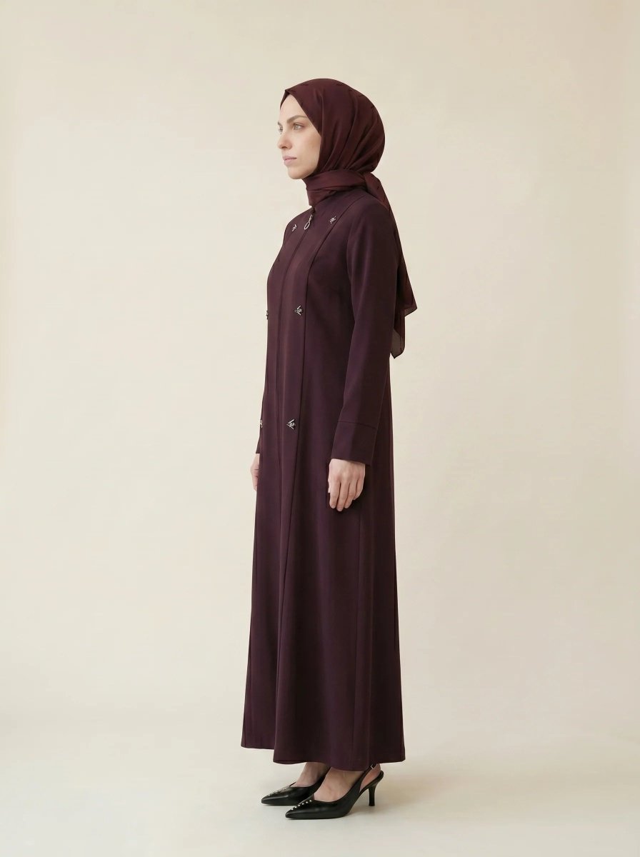 Pleated Detail Double Cuff Zippered Abaya Plus Size with Pockets Crew Neck 4 Seasons Plum 9554 - 26 - ihvan