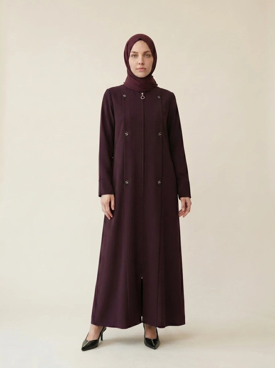 Pleated Detail Double Cuff Zippered Abaya Plus Size with Pockets Crew Neck 4 Seasons Plum 9554 - 26 - ihvan