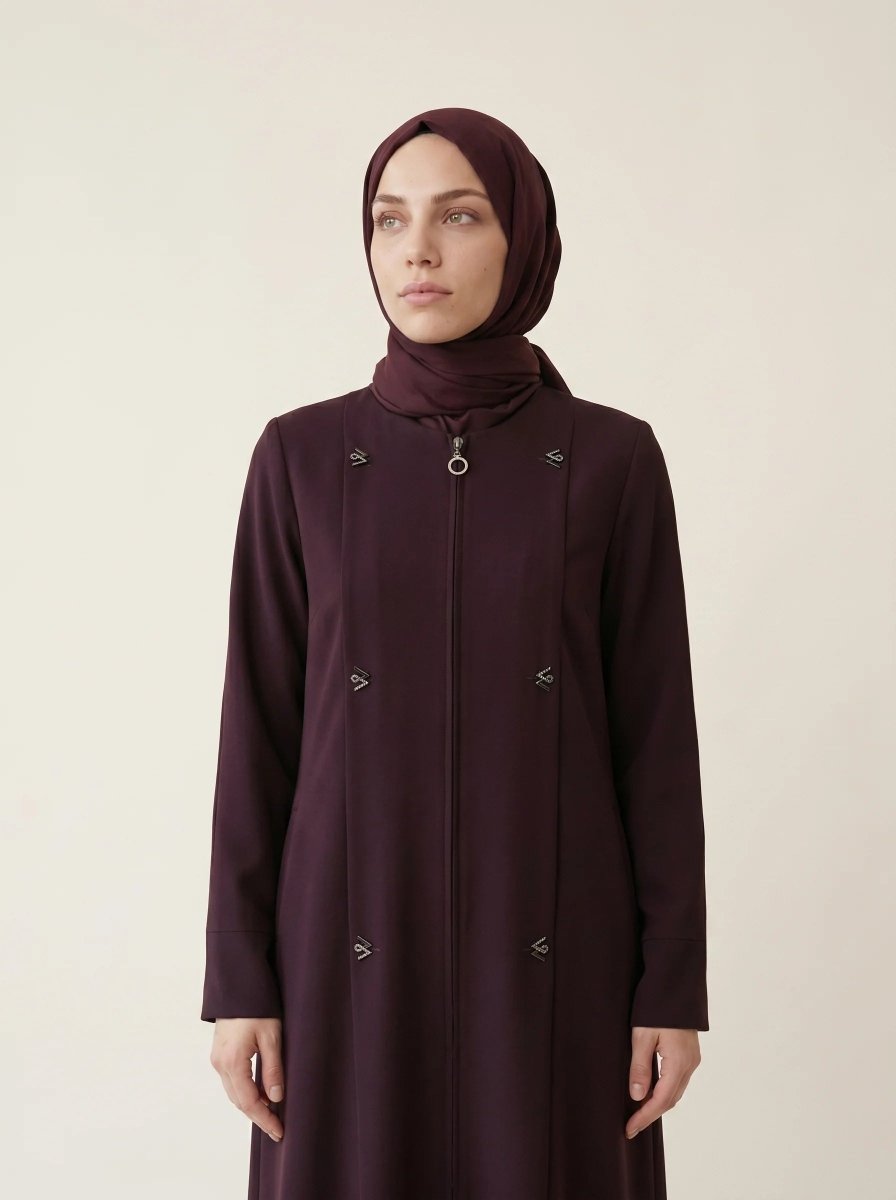 Pleated Detail Double Cuff Zippered Abaya Plus Size with Pockets Crew Neck 4 Seasons Plum 9554 - 26 - ihvan