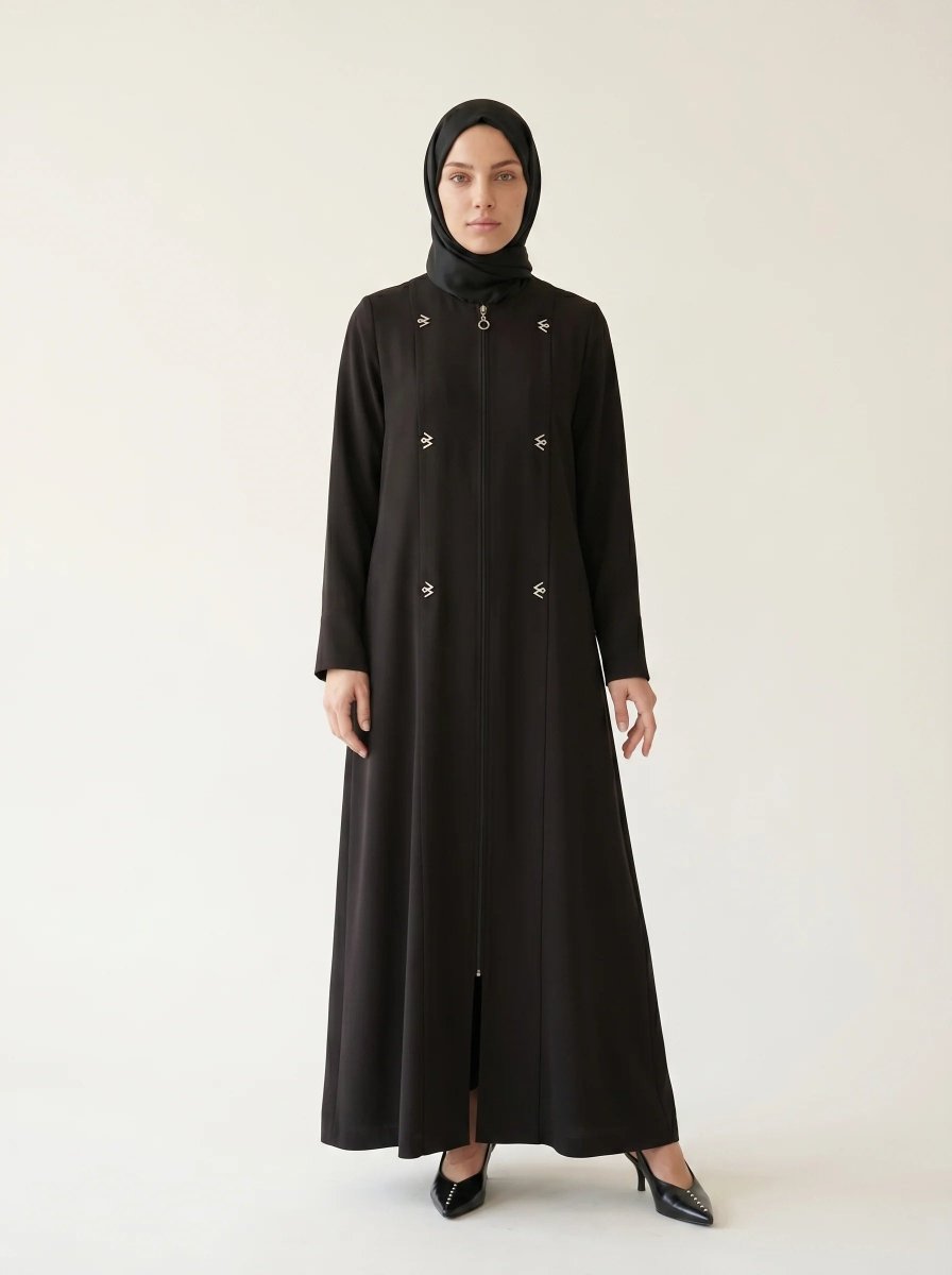 Pleated Detail Double Cuff Zippered Abaya Plus Size with Pockets Crew Neck Four Seasons Black - 9554 - 26 - ihvan