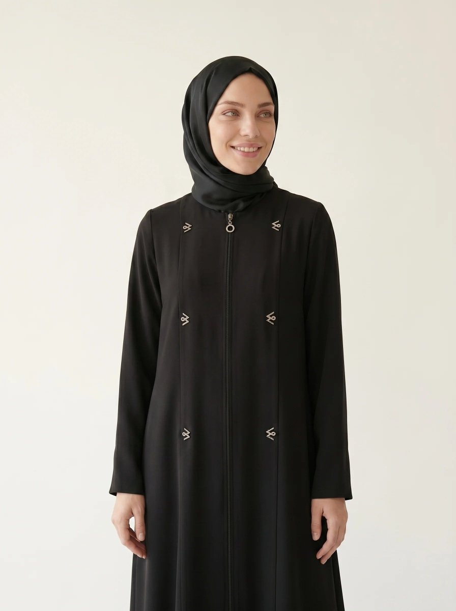 Pleated Detail Double Cuff Zippered Abaya Plus Size with Pockets Crew Neck Four Seasons Black - 9554 - 26 - ihvan