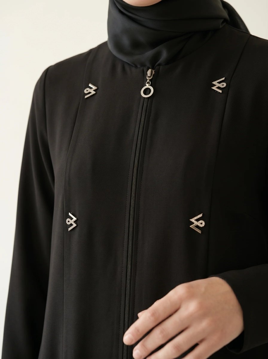Pleated Detail Double Cuff Zippered Abaya Plus Size with Pockets Crew Neck Four Seasons Black - 9554 - 26 - ihvan