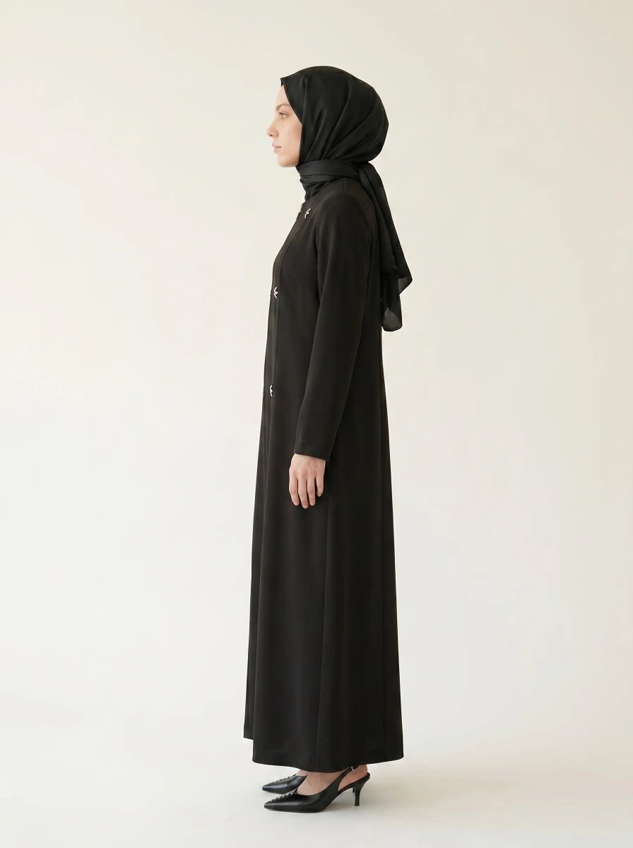 Pleated Detail Double Cuff Zippered Abaya Plus Size with Pockets Crew Neck Four Seasons Black - 9554 - 26 - ihvan