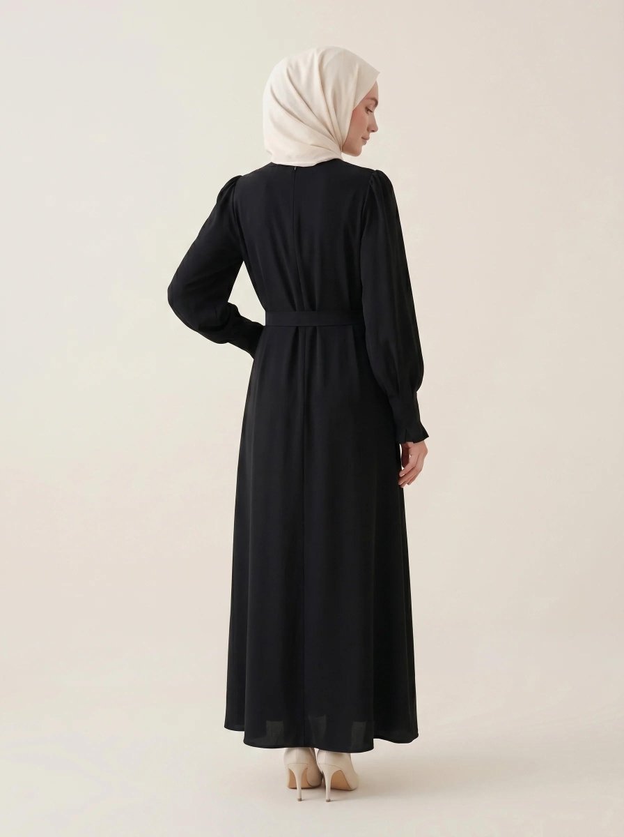 Pleated Detail Sleeve Zippered Cuff Belted Mandarin Collar Flared Oversize 4 Seasons Dress 9614 - 26 - Black - ihvan